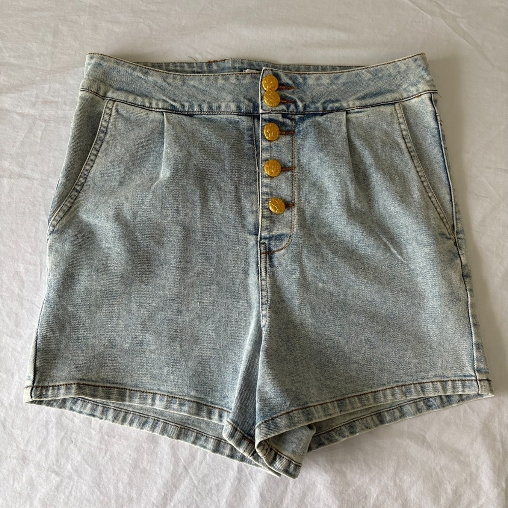 Vigoss Womens Blue Denim High Rise Button Fly Stretch Trouser Shorts Size 27